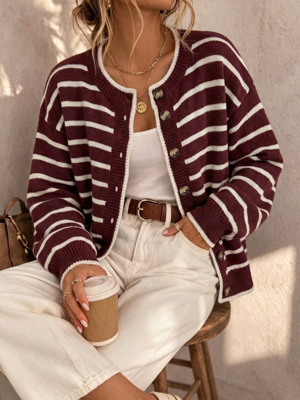 Red Casual Women's Striped Lantern Sleeve Knit Cardigan